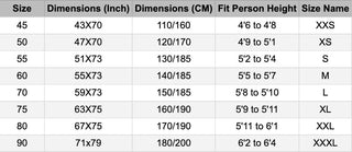 Table displaying size chart for clothing with dimensions, fit person height, and size names.