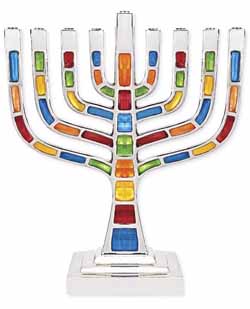 Multi Jeweled Mosaic Kenesset Style Aluminum Menorah